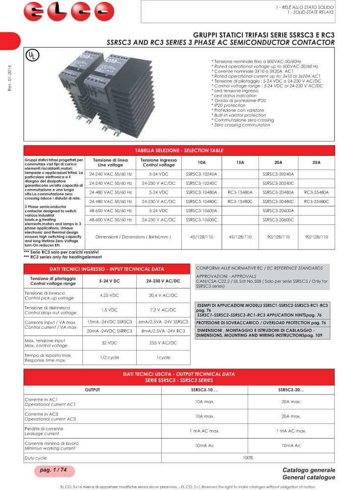 Elco 1 Phase AC Semi Contractors - SSRSC3 and RC3 Series