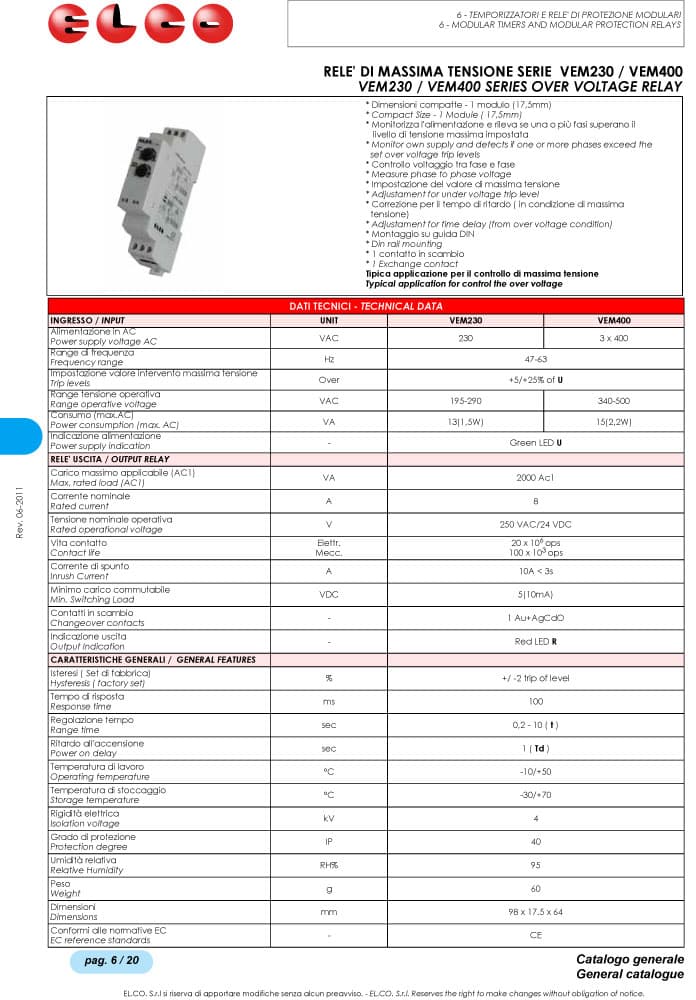 Elco Over Voltage Relay - VEM230, VEM400 Series