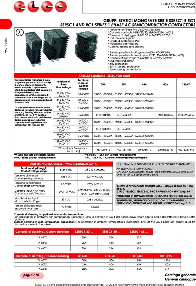 Elco 1 Phase AC Semi Contractors - SSRSC1 and RC1 Series