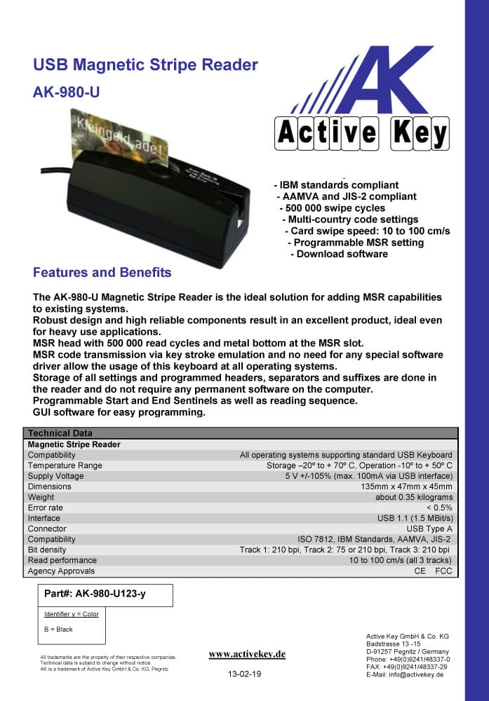 Active Key AK-980 USB Magnetic Stripe Reader