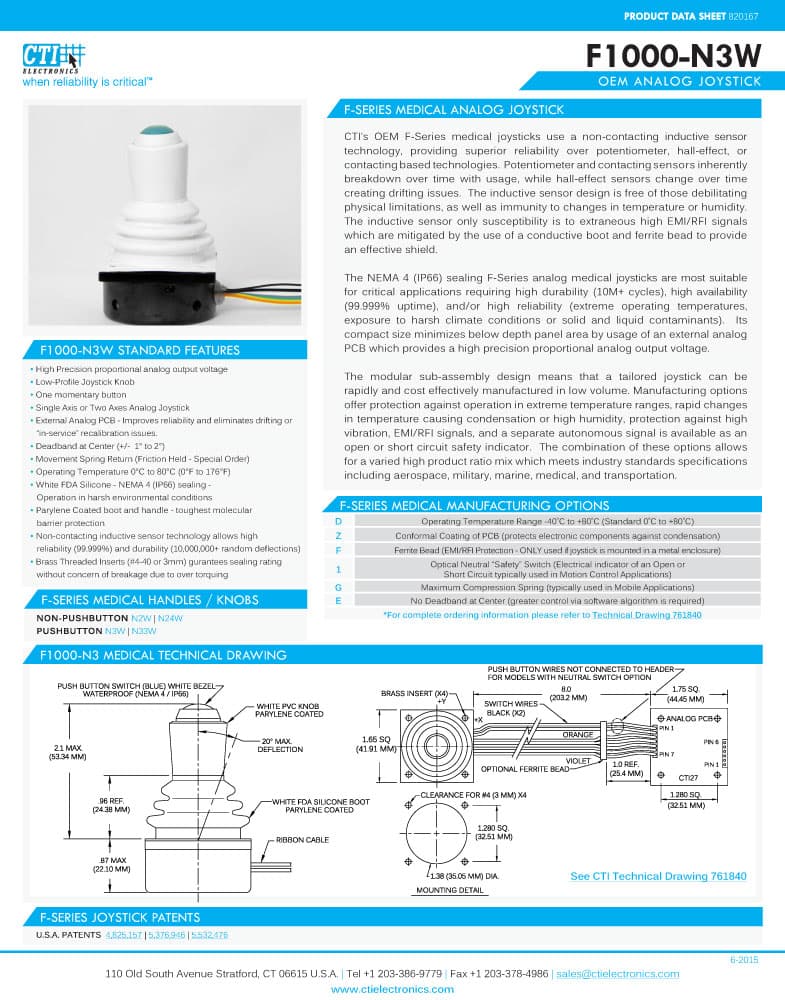 CTI OEM Inductive Medical Cleanroom Joysticks - F1000-N3W Series