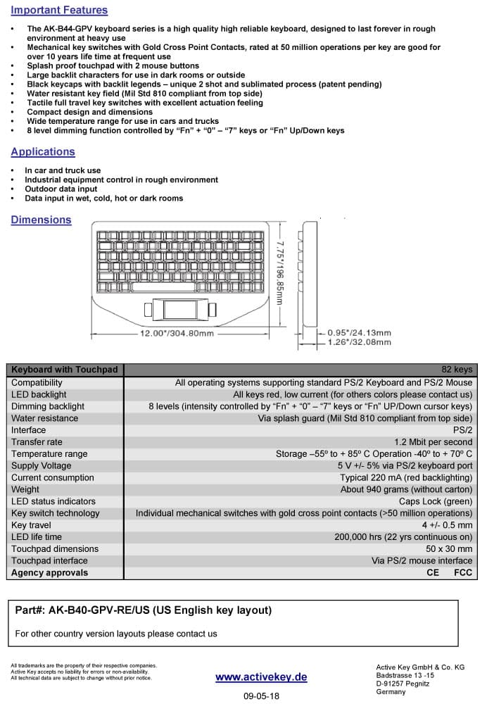 Active Key AK-B44-G Backlit Keyboard with Touch Pad