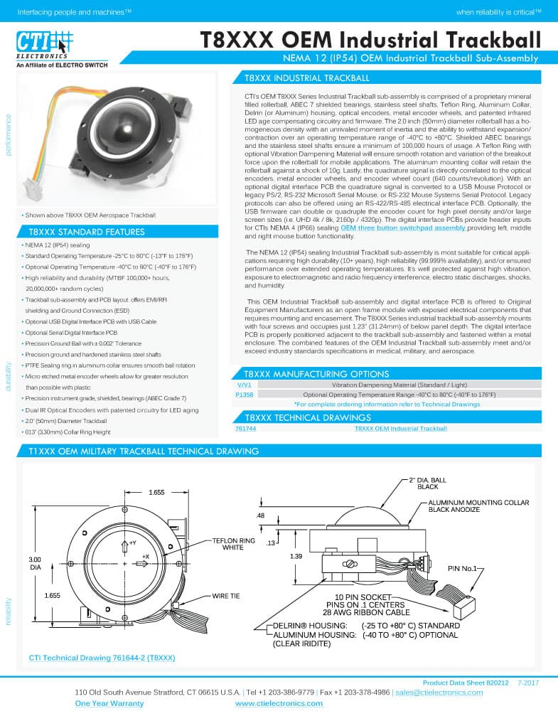 CTI OEM Industrial Trackballs - T8XXX Series