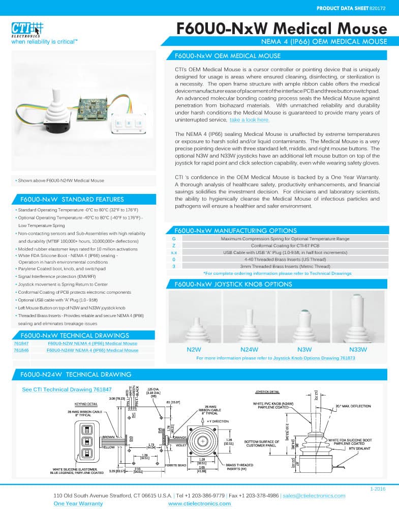 CTI OEM Medical Mouse Pointer - F60U6-NxW Series
