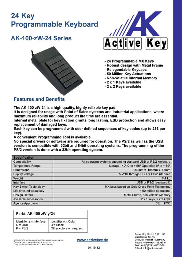 Active Key AK-100-24 Programmable POS Keyboard