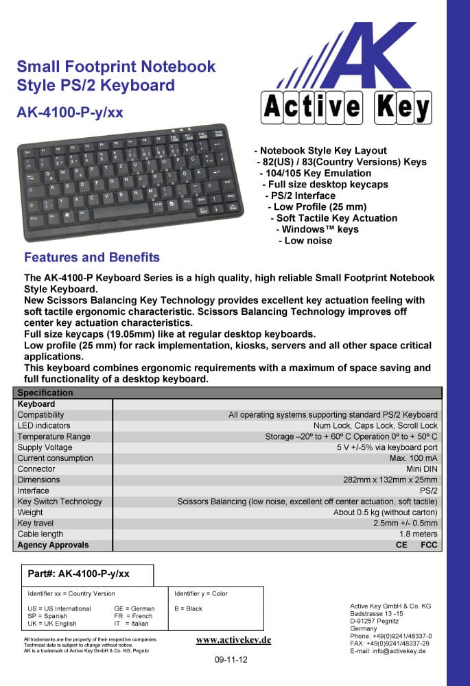 Active Key AK-4100 Small Footprint Notebook Style Keyboard