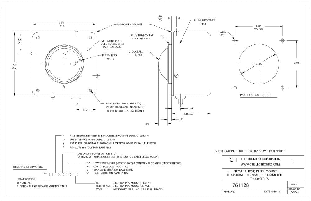 CTI Panel Mount Industrial Trackballs - T1000 Series