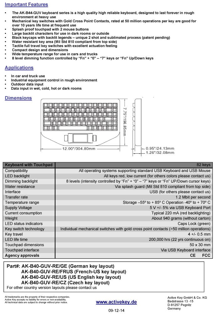 Active Key AK-B44-G Backlit Keyboard with Touch Pad